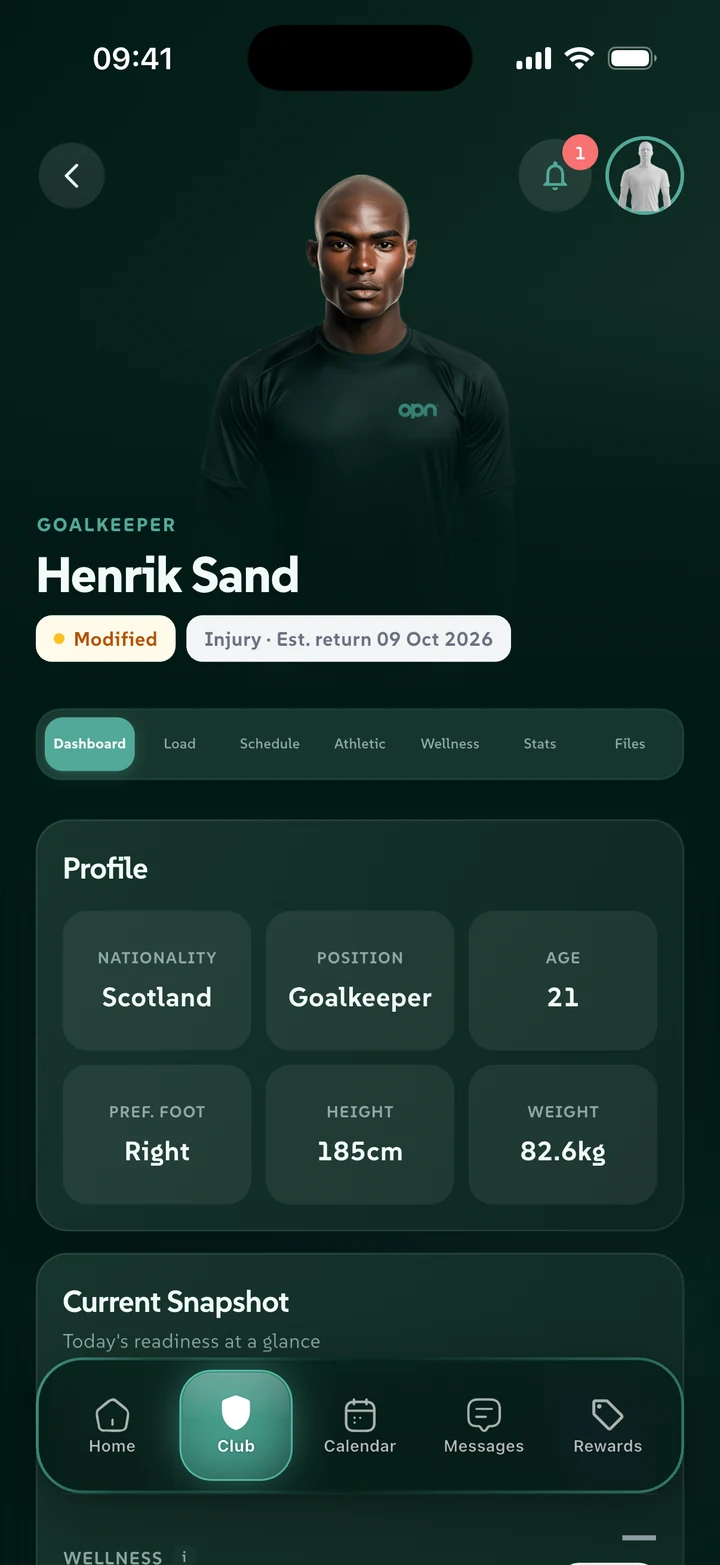 A player profile in the OPN Coaches app