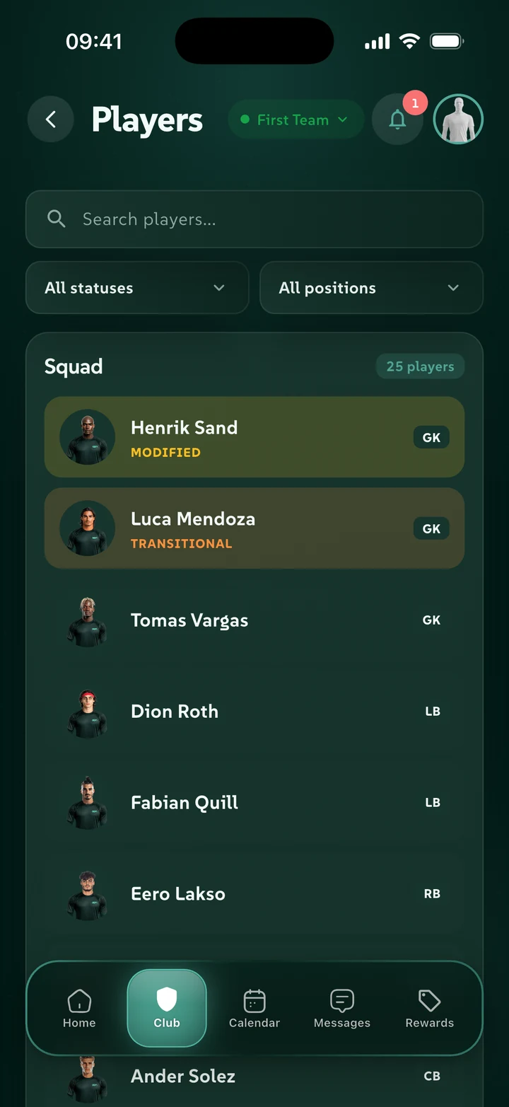 The squad list in the OPN Coaches app, with each player's status