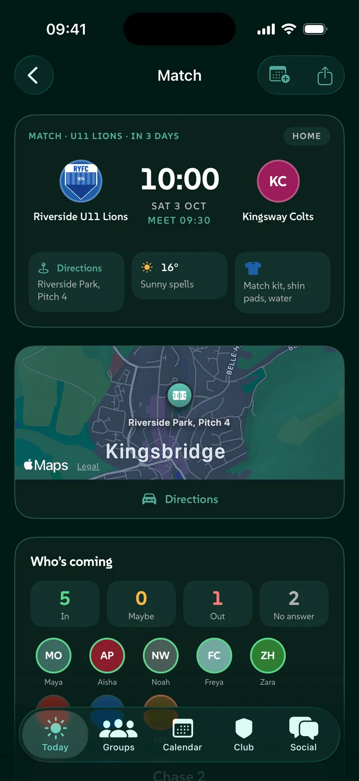 A coach's match page in OPNPLAY: kick-off, directions, kit and who is coming