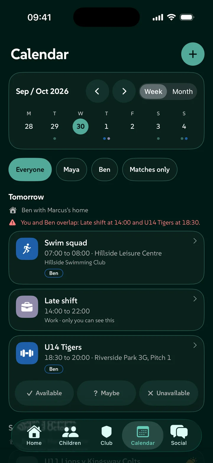 A parent's calendar in OPNPLAY: two children's sessions across two sports, a work shift and a clash flagged