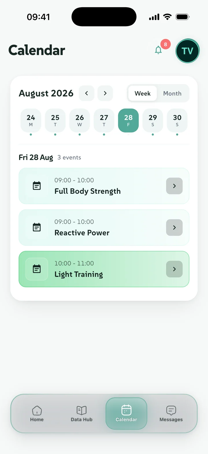 A player’s day in the OPN player app calendar