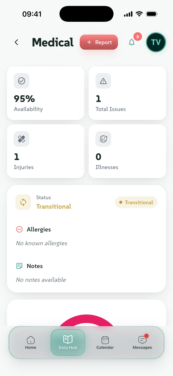 The medical record a player sees in the OPN player app