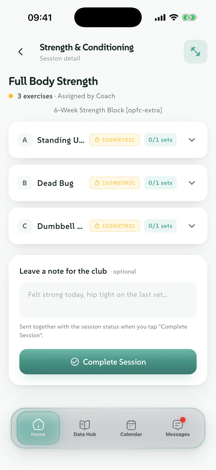 A strength and conditioning session in the OPN player app