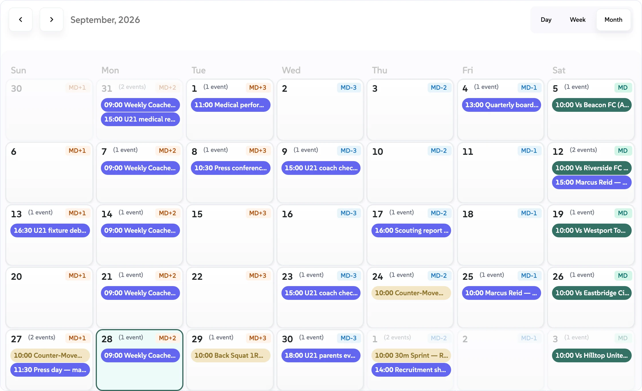The OPN club calendar for September: matchday codes, sessions, meetings and fixtures